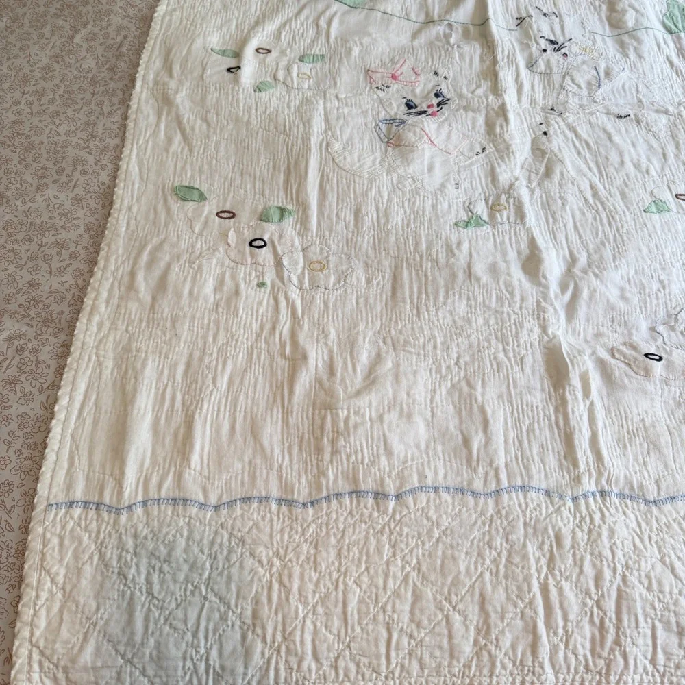 Vintage Hand Embroidered Baby Quilt White Cotton Kittens Birds Floral 54x36